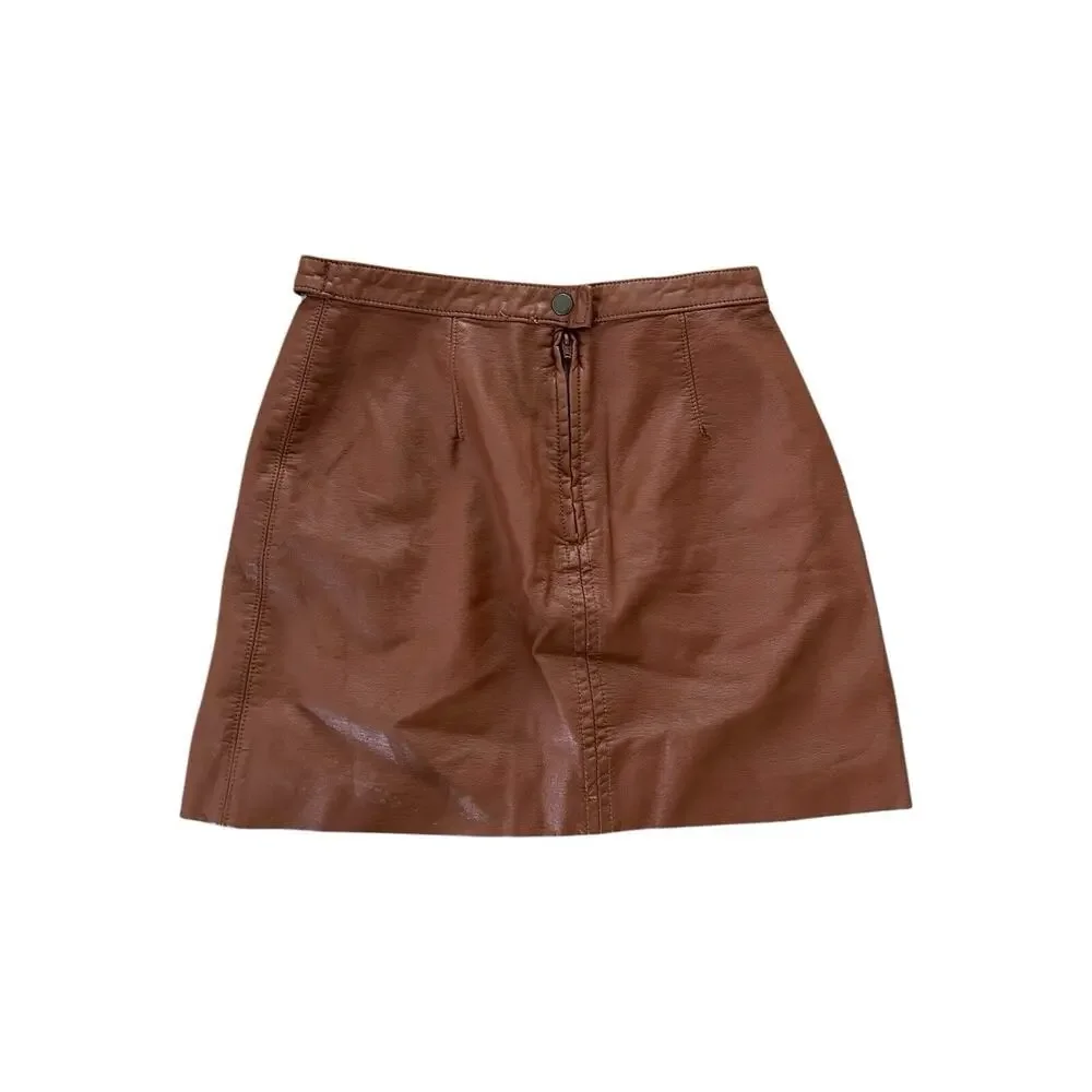 Free People Skirt‎ Women 2 Brown Mini A-Line Faux Leather Slit Belted Boho